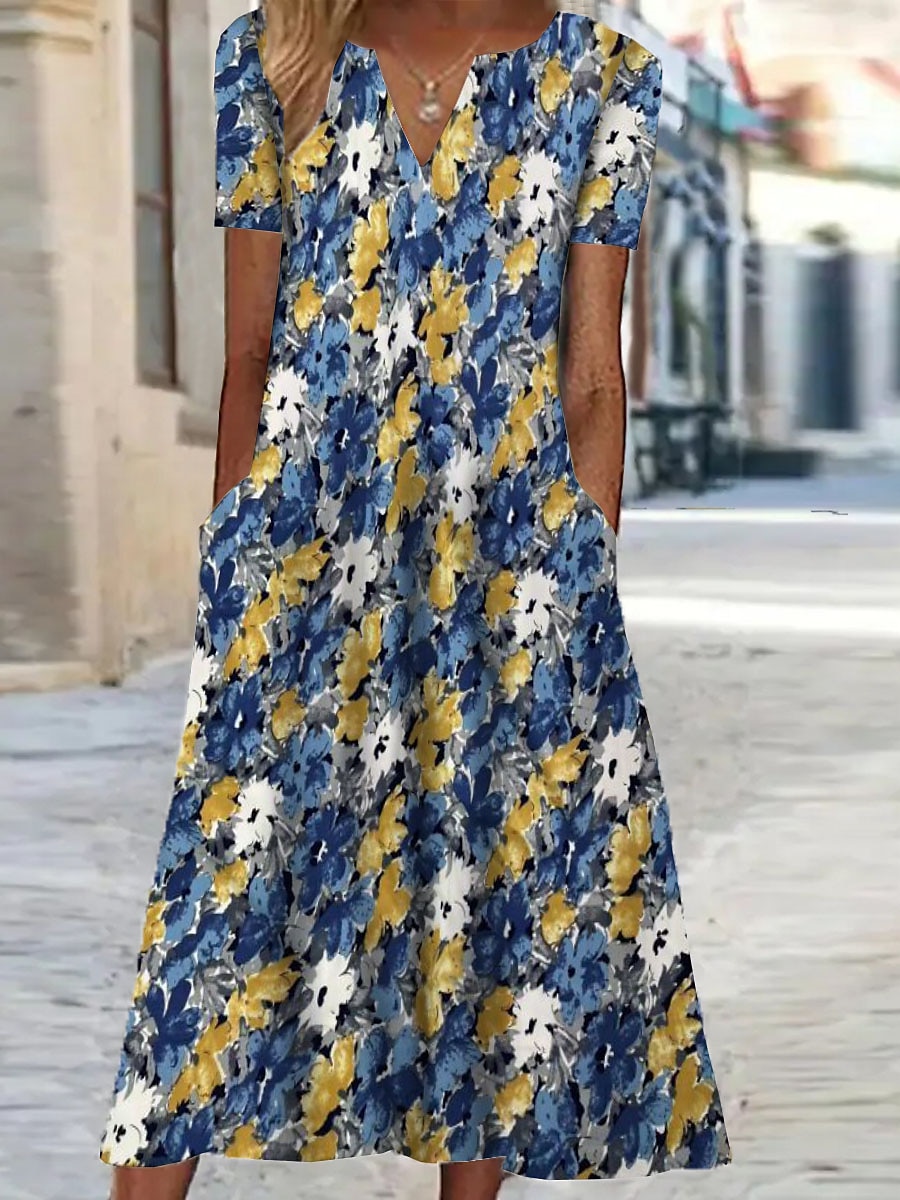 Dame Midi Kjole Shift Kjole Blomster Lomme Print V-hals Ferie Korte Ermer Sommer Vår 2025 - $36.99 –P1