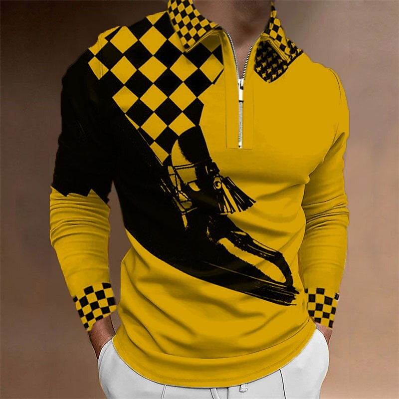 Music Festival Men's Plaid Music Zip Polo Shirts Golf Shirt Long Sleeve Polo Shirts Collared Shirts Casual Vacation Wear Festival Wear Party Outfits 3D Print Quarter Zip Polo Black Yellow Red 2025 - $23.99 –P7