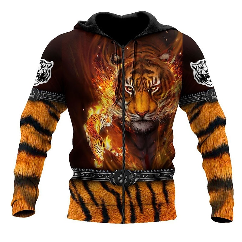 Chaqueta Con Capucha Estampado De Tigre Blanco 3D Para Hombre