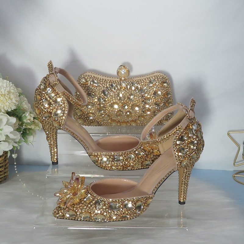 Women's Gold Rhinestone High Heel Sandals with Matching Clutch – Luxury Crystal-Embellished Ankle Strap Stilettos for Weddings, Parties & Special Occasions 2026 - $129.99 –P3