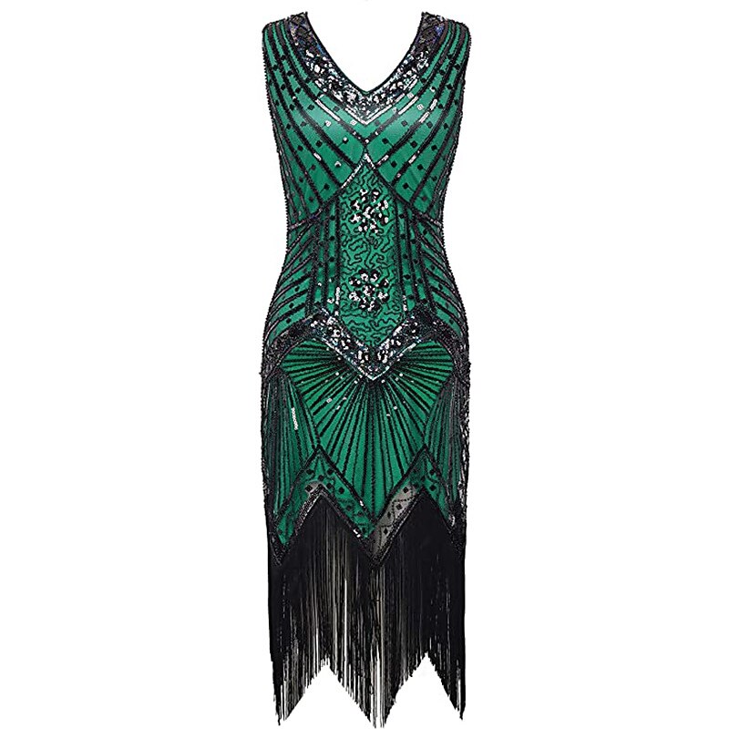 Anni Ruggenti Anni 1920 Midi Abito Flapper Abito da cocktail Set di accessori Senza maniche Il grande Gatsby Invitato al matrimonio Paillettes Frangia con nappe Scollo a V Costume Per donna Mascherata del 2026 a $60.99 –P5