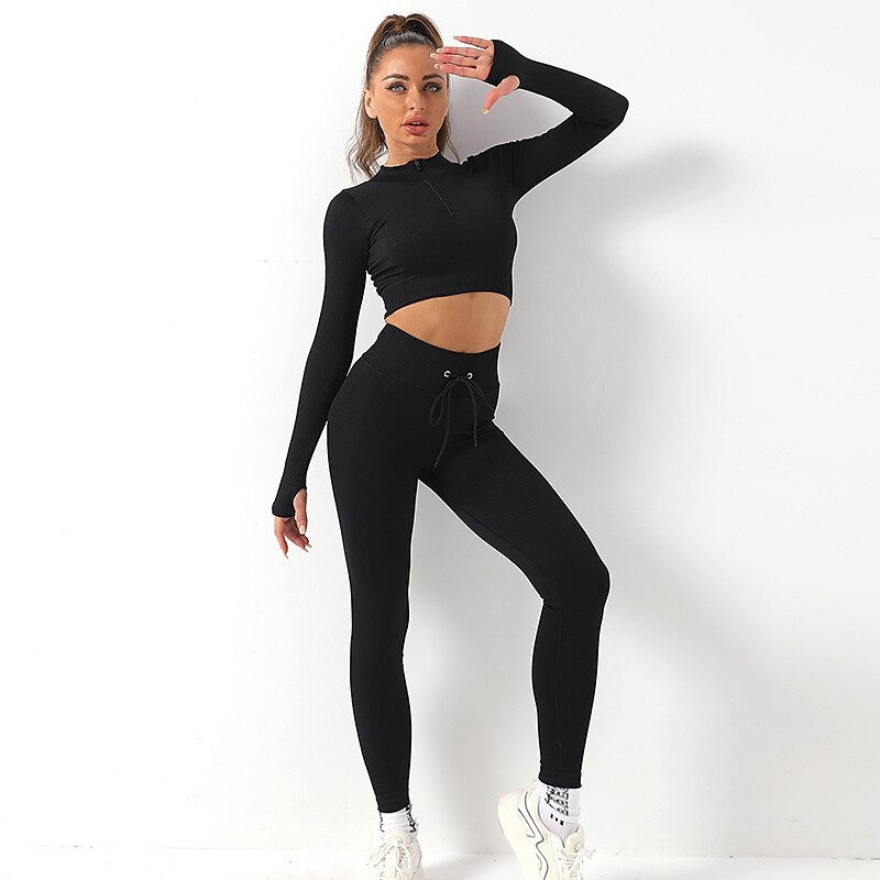 Women's Workout Sets Cropped Solid Color Clothing Suit Black Mesh