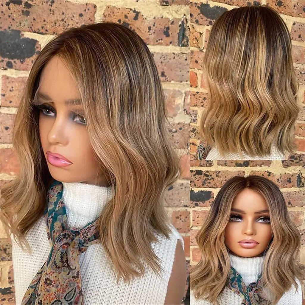 Remy mensenhaar 4x13 Sluiting Pruik Bobkapsel Korte bob Braziliaans haar Golvend Meerkleurig Pruik 130% 150% Haardichtheid met babyhaar Haar met highlights / balayage Natuurlijke haarlijn 100% Maagd 2025 - $226.19 –P1