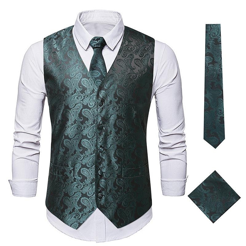 Men's Vest Tie Set Paisley Floral Jacquard Necktie Pocket Square 3PCS Waistcoat Retro Vintage Rococo for Suit or Tuxedo Wedding Party Masquerade 2025 - GBP £25 –P14