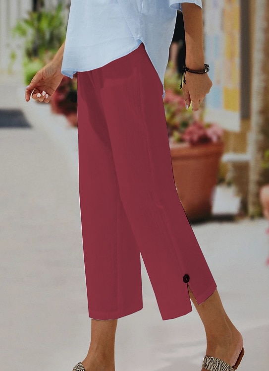 Per donna Pantaloni di lino Chino Simillino Tasche laterali Spacco cascante Polpaccio Nero del 2025 a $17.99 –P9