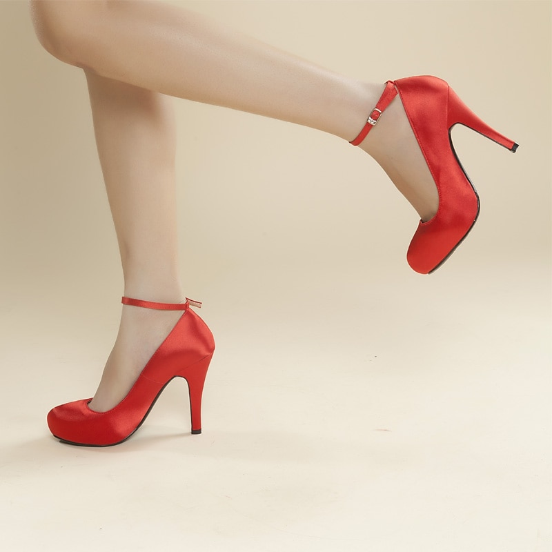 Tocuri înalte cu curea la gleznă din satin alb elegant – pantofi clasici de mireasă pentru nunți, evenimente formale și petreceri de seară 2025 - $64.99 –P4