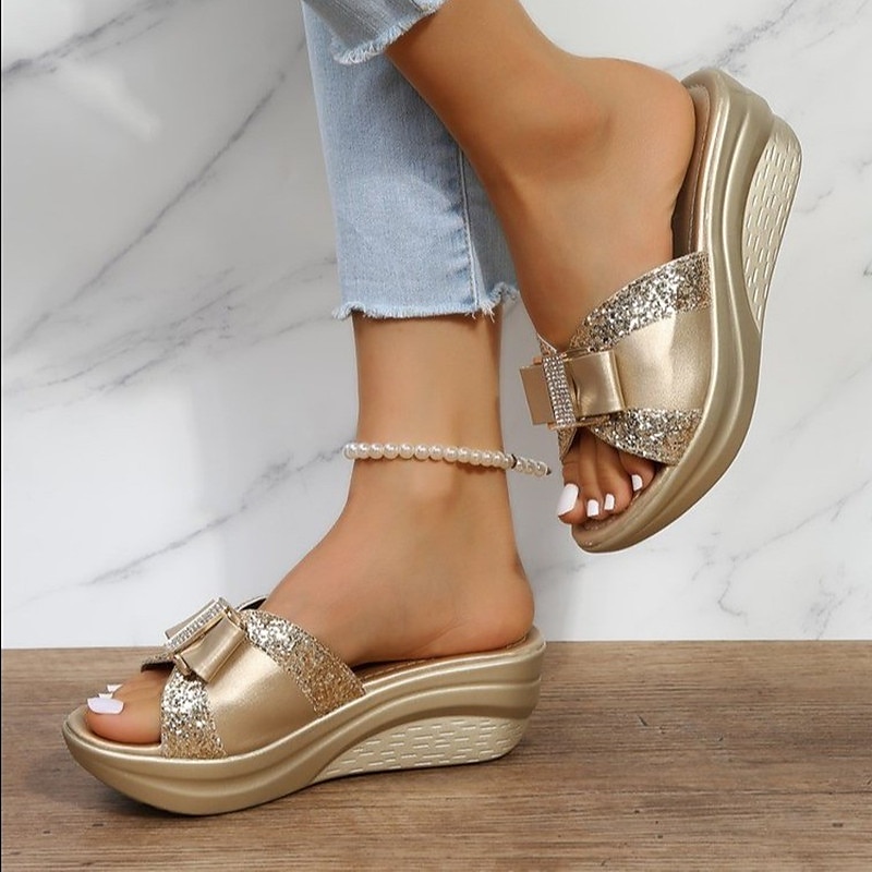 Women's Slippers Platform Sandals Plus Size Beach Slippers Daily Beach Solid Color Summer Flat Heel Peep Toe Classic Casual Faux Leather PU Loafer Silver Gold 2025 - $32.99 –P5