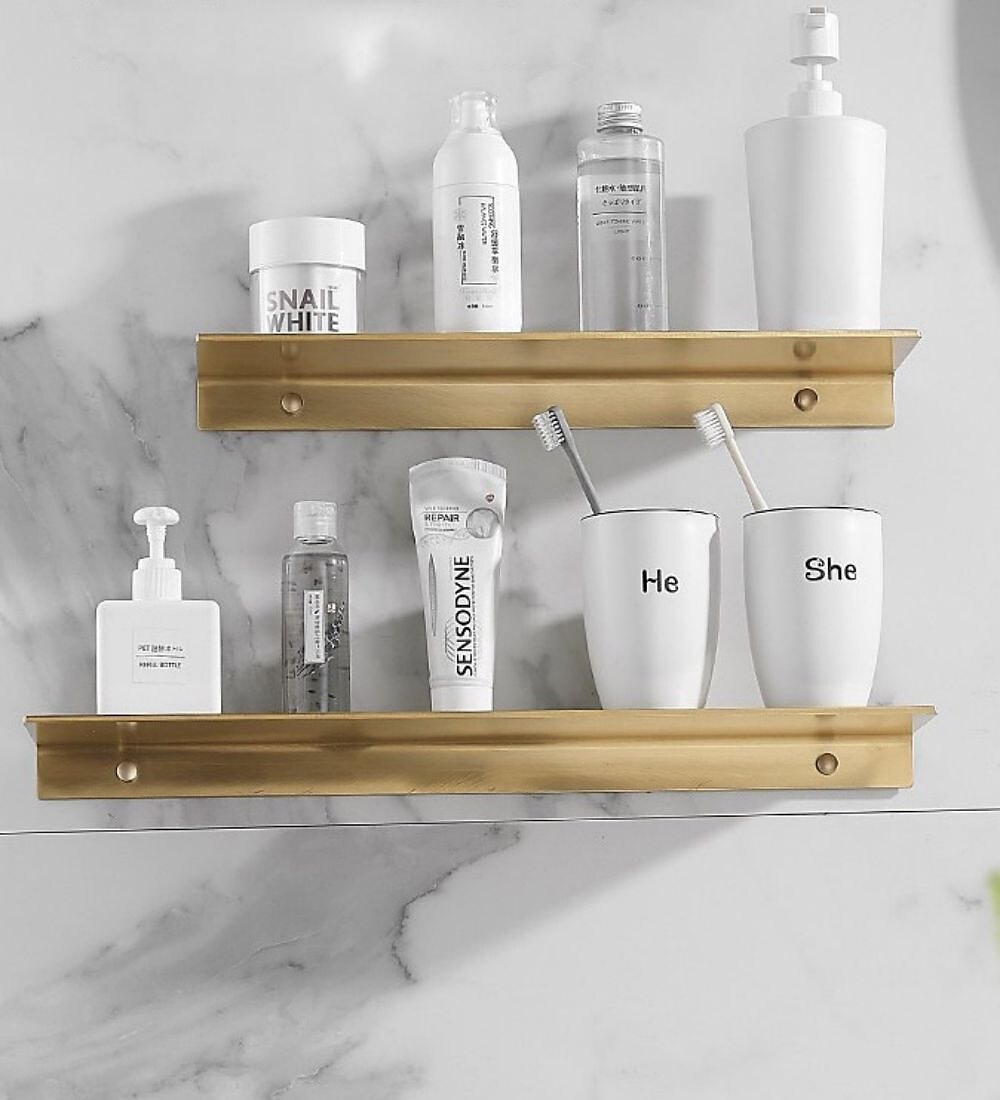 Bathroom Shelf Self-adhesive Bath Storage Rack 30-60cm Modern Space  Aluminum Rust-proof Bathroom Organizer Wall Shelf 1pc (Brushed Golden) 2024  - $15.99