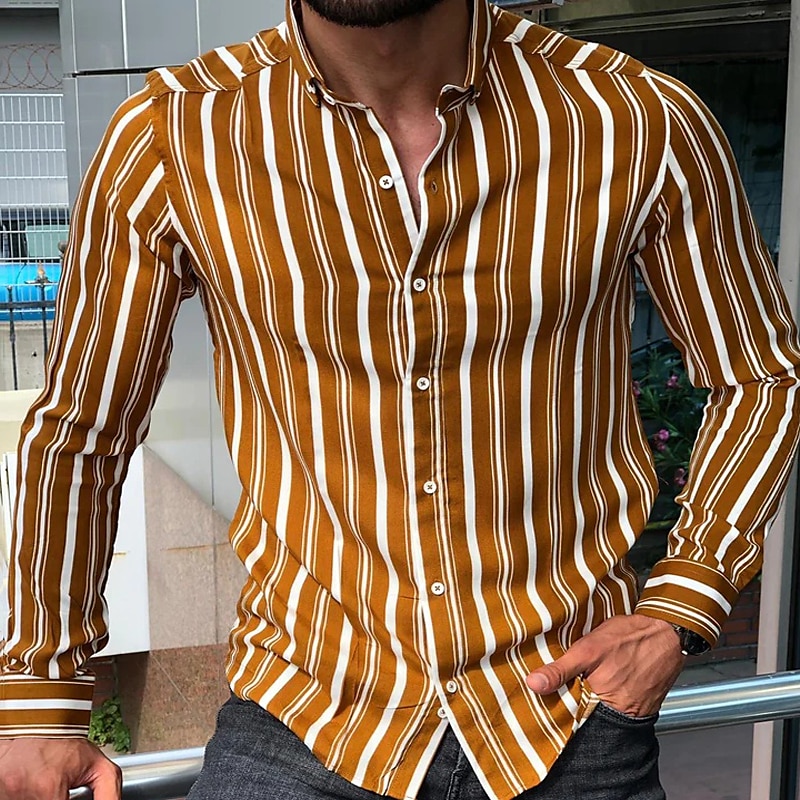 Men's Shirt Summer Shirt Casual Shirt Button Up Shirt Striped Shirts White Yellow Long Sleeve Striped Turndown Vacation Street Clothing Apparel Cotton Cotton Blend Fashion Leisure Comfortable 2025 - $21.99 –P1