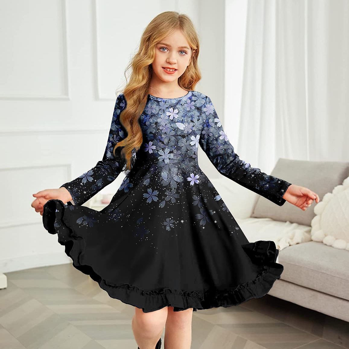 Barn Jente Kjole Blomstret Fargeblokk Gradert Langermet utendørs Avslappet Fritid Søt Polyester Ovenfor knéet Kjole med A-linje Sommer Vår Høst 4-12 år Flerfarget Svart Hvit 2025 - $18.99 –P2