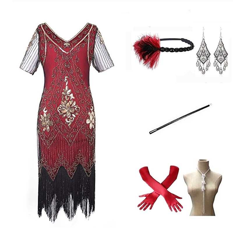 A nagy Gatsby Déli Flapper ruha Ruhák Felszerelések A nagy Gatsby Esküvői Vendég Flitter Rojt Flitter Rojt V-alakú Női Álarcos mulatság Diákbál Buli és este Esküvői fogadás Felnőttek Ruha Kesztyűk 2025 - $63.99 –P4