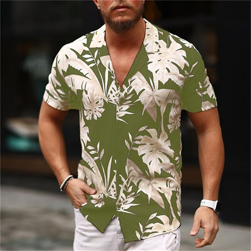 Men's Shirt Graphic Shirt Aloha Shirt Leaves Turndown Black White