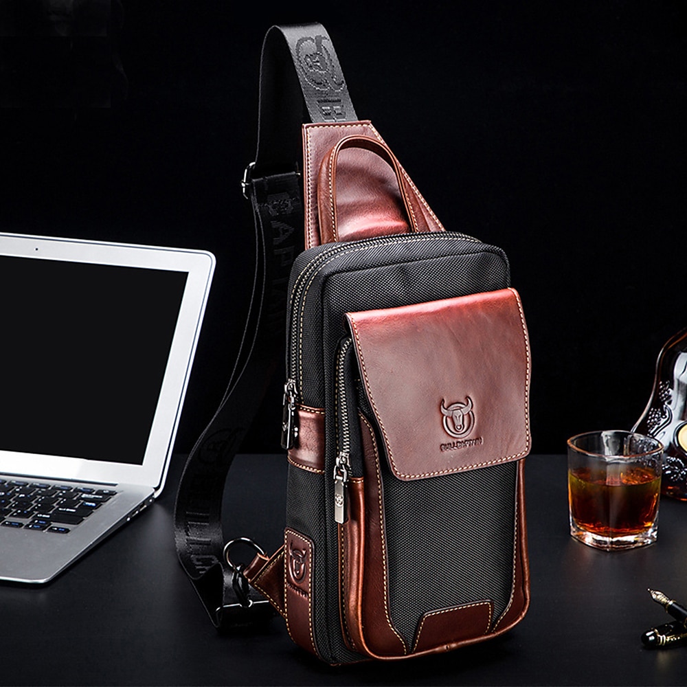 Borsa a tracolla da uomo in pelle bovina di alta qualità e nylon - design multitasche con tracolla regolabile per viaggi e uso quotidiano del 2025 a $42.99 –P5