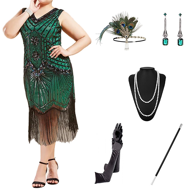 Anni Ruggenti Anni 1920 Midi Abito Flapper Abito da cocktail Set di accessori Senza maniche Il grande Gatsby Invitato al matrimonio Paillettes Frangia con nappe Scollo a V Costume Per donna Mascherata del 2026 a $60.99 –P1
