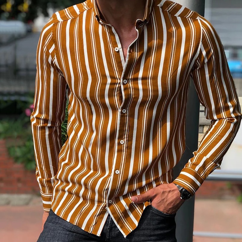 Men's Shirt Summer Shirt Casual Shirt Button Up Shirt Striped Shirts White Yellow Long Sleeve Striped Turndown Vacation Street Clothing Apparel Cotton Cotton Blend Fashion Leisure Comfortable 2025 - $21.99 –P4