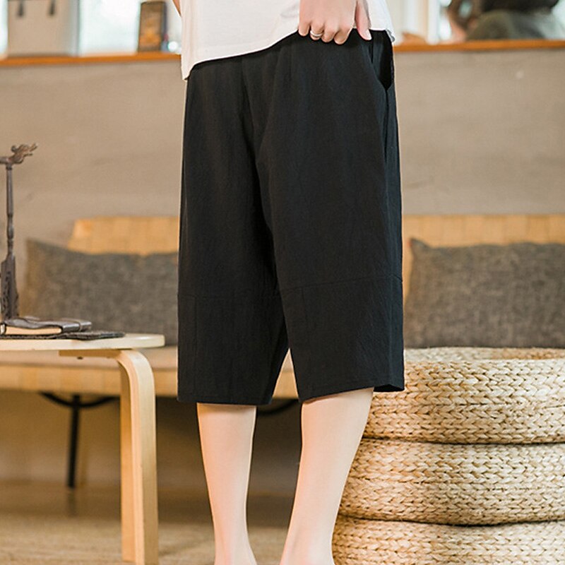 Men's Shorts Linen Shorts Summer Shorts Beach Shorts Capri Pants Drawstring Elastic Waist Plain Breathable Soft Calf-Length Casual Daily Holiday Linen / Cotton Blend Streetwear Hawaiian Black Blue 2025 - $18.99 –P4