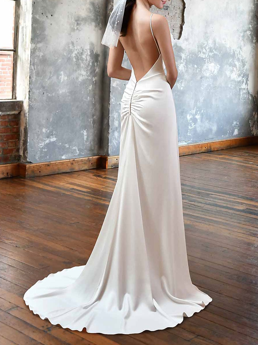 Espalda Abierta Sensual Vestidos de novia Corte A Camisola Escote