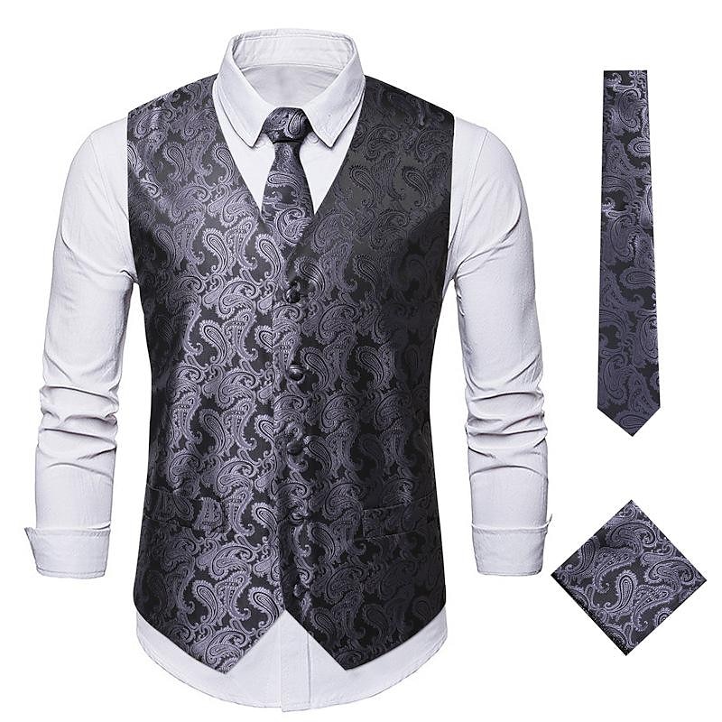 Men's Vest Tie Set Paisley Floral Jacquard Necktie Pocket Square 3PCS Waistcoat Retro Vintage Rococo for Suit or Tuxedo Wedding Party Masquerade 2025 - GBP £25 –P5
