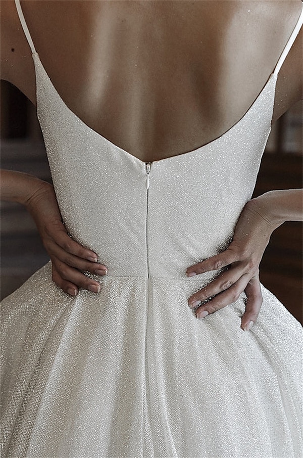 El salón ts brilla&amp;Vestidos de novia casuales brillantes, camisola de corte A, escote en V, tirantes finos, cola larga y con lentejuelas, vestidos de novia con color sólido 2025 2025 - $183.99 -P2