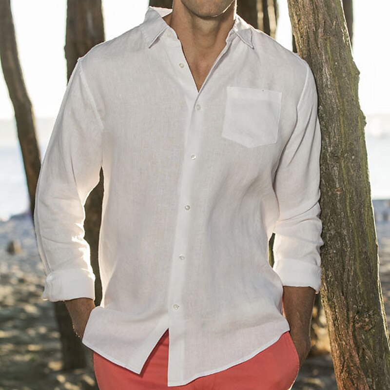 White Men's Linen Shirt Summer Shirt Beach Shirt Turndown Spring
