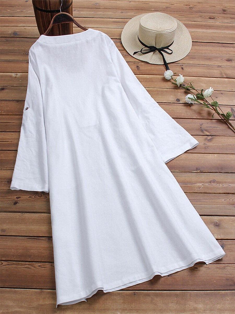 Women's Casual Dress Cotton Linen Dress Swing Dress Midi Dress Cotton Blend Basic Casual Outdoor Daily Vacation V Neck Pocket Long Sleeve Summer Spring Fall 2023 Loose Fit White Blue Plain M L XL 2XL 2023 - US $26.99 –P4