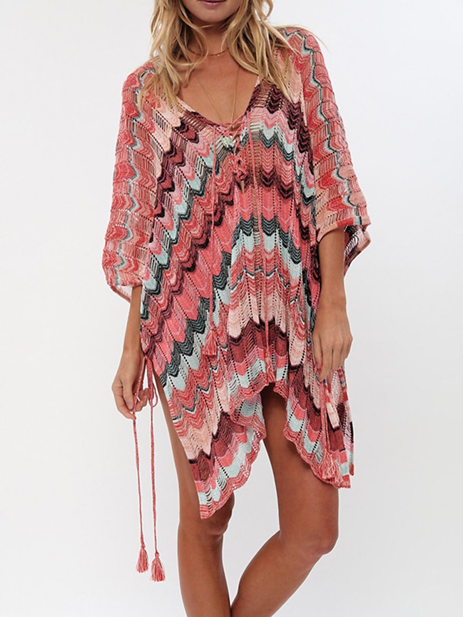 Dam Cover Up Strandklänning Strandkläder Mini klänning Delad Stickad Mode Varm Rand V-hals 3/4 ärm Lös passning Utomhus Dagligen Gul Rubinrött 2023 Sommar Vår En storlek 2025 - $22.99 –P6