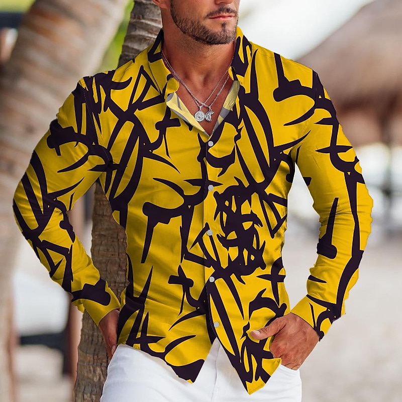 Men's Geometric Pattern Geometry Shirt Button Up Shirt Long Sleeve Tropical Fashion Designer Outdoor Casual Daily Fall & Winter Turndown Print Button-Down Yellow Red Blue Green 2025 - $26.99 –P4