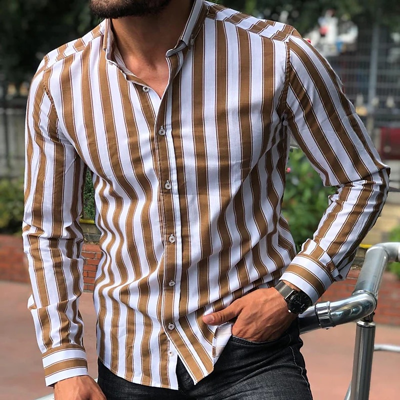 Men's Shirt Summer Shirt Casual Shirt Button Up Shirt Striped Shirts White Yellow Long Sleeve Striped Turndown Vacation Street Clothing Apparel Cotton Cotton Blend Fashion Leisure Comfortable 2025 - $21.99 –P8
