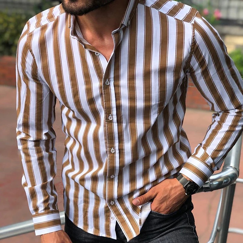 Men's Shirt Summer Shirt Casual Shirt Button Up Shirt Striped Shirts White Yellow Long Sleeve Striped Turndown Vacation Street Clothing Apparel Cotton Cotton Blend Fashion Leisure Comfortable 2025 - $21.99 –P10