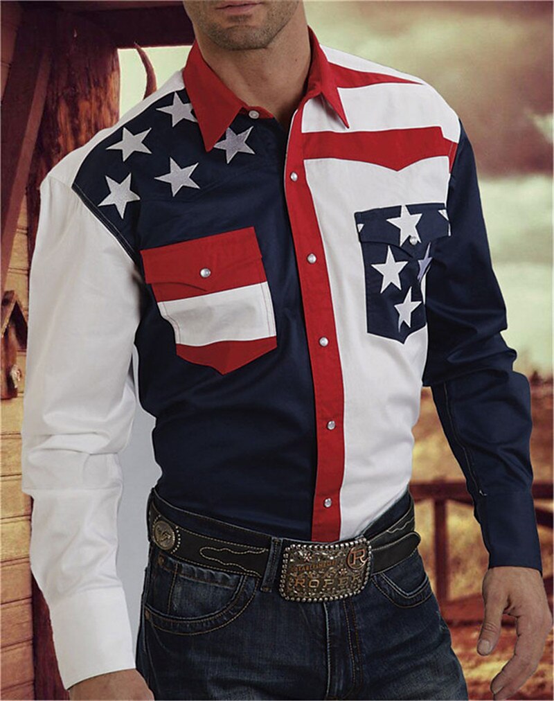 Men's American Flag Western Shirt Button Up Shirt Cowboy