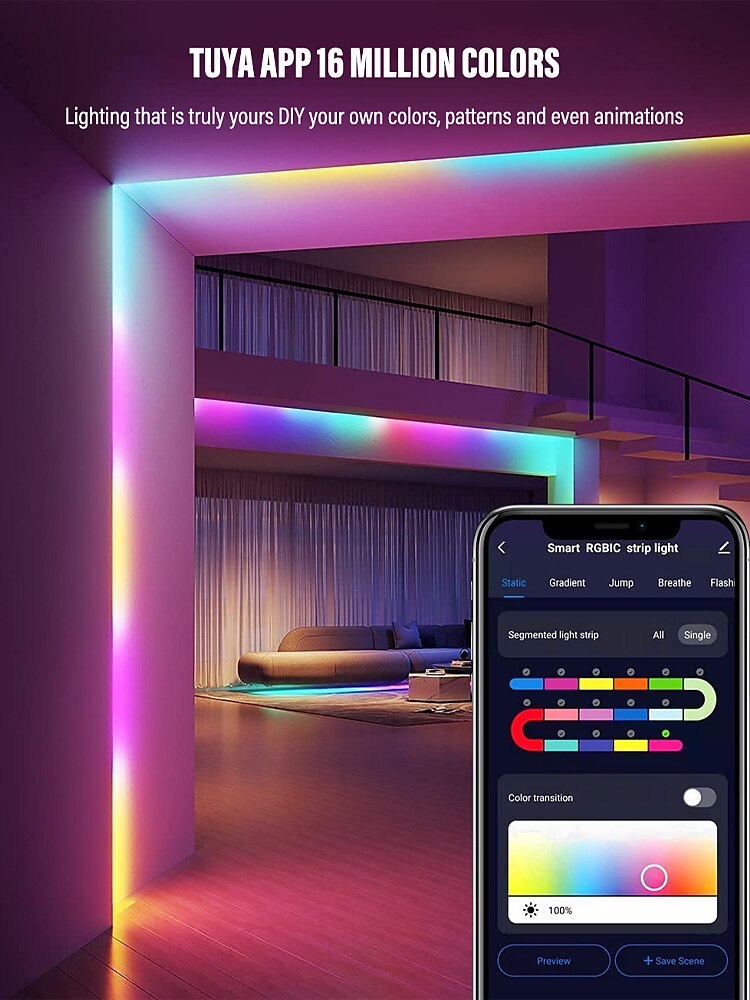 RGBIC LED Strip Compatible with Alexa Google Home Color Changing LED Light Music Sync TUYA WiFi for Bedroom Ceiling Playroom Shustar 2025 - $35.99 –P3