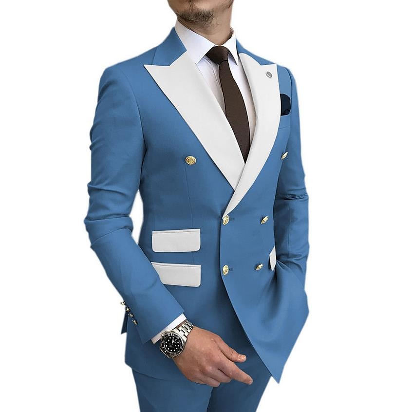 Heren Trouwen Prom Pakken Champagne Blauw Effen Kleur Standaard Fit 2 Delig Dubbel Breasted Zes-knopen 2025 - $131.99 -P9