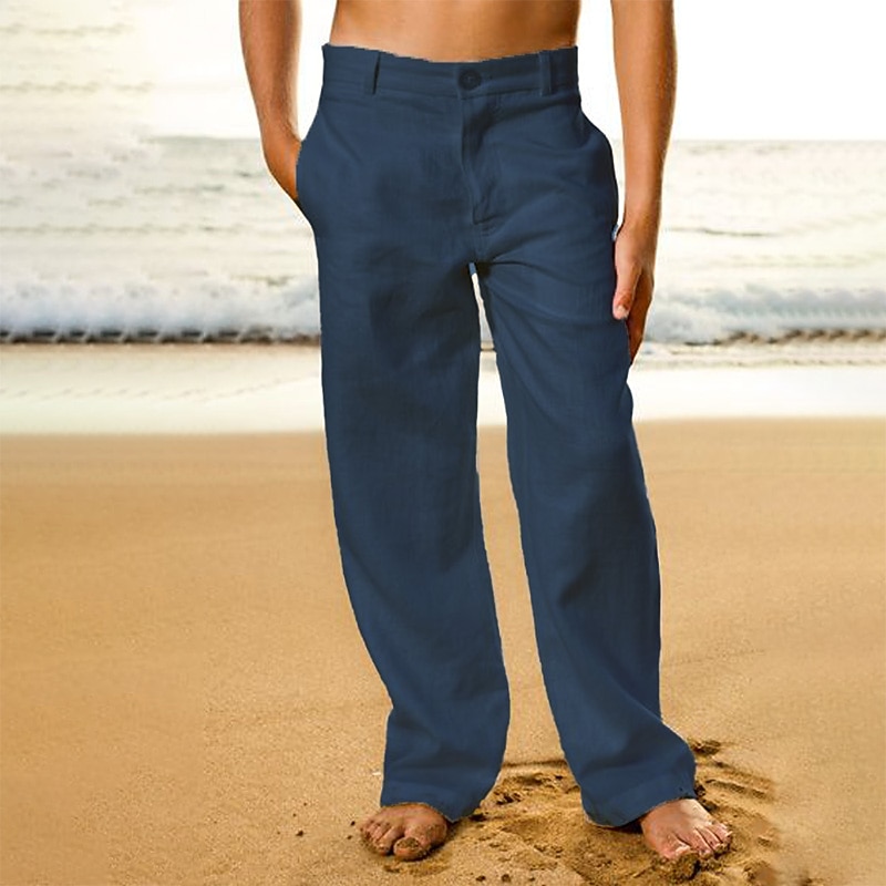 2026年 男性用 リネンパンツ ズボン サマーパンツ ビーチパンツ フロントポケット まっすぐな足 平織り 履き心地よい 高通気性 カジュアル 日常 祝日 ファッション ベーシック ブラック ホワイト  コレクション – $28.99 –P9