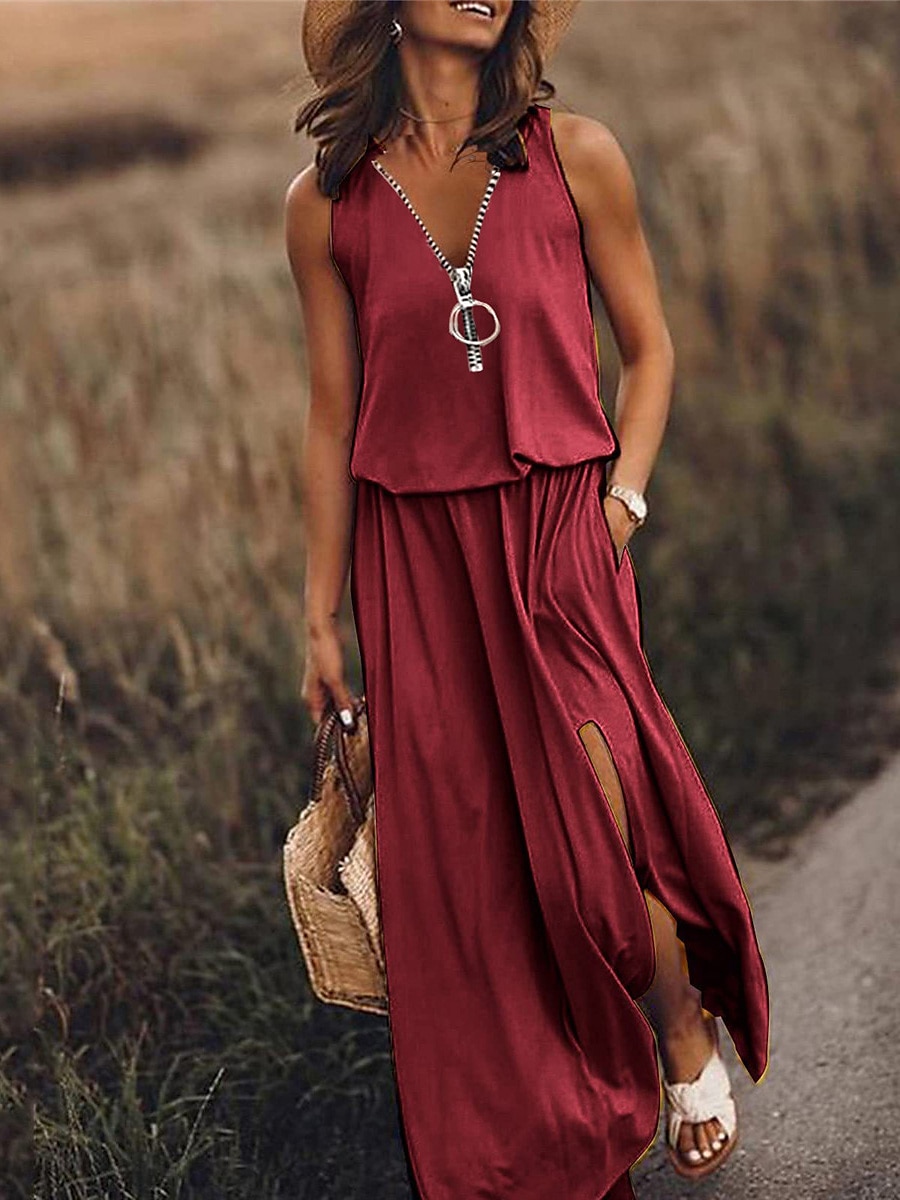 Damen Freizeitkleid einfarbig Reißverschlusstasche V-Ausschnitt Maxi langes Kleid Basic Casual Alltag ärmellos Sommer Frühling 2025 - $33.99 –P2