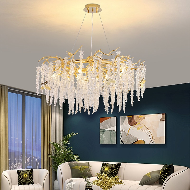 led lysekroner moderne luksus, 23,6"/31,2" 8/12-lys gullkrystall for hjemmeinteriør kjøkken soverom jern kunst tregren lampe kreativ lampe lys varm hvit 110-240v 2025 - $739.49 –P7