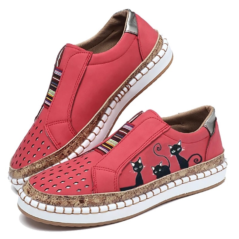 slip-on fritidssneakers för kvinnor med grönt katttryck – loafers som andas med elastisk panel för promenader, resor och vardagskläder 2025 - $42.99 –P5