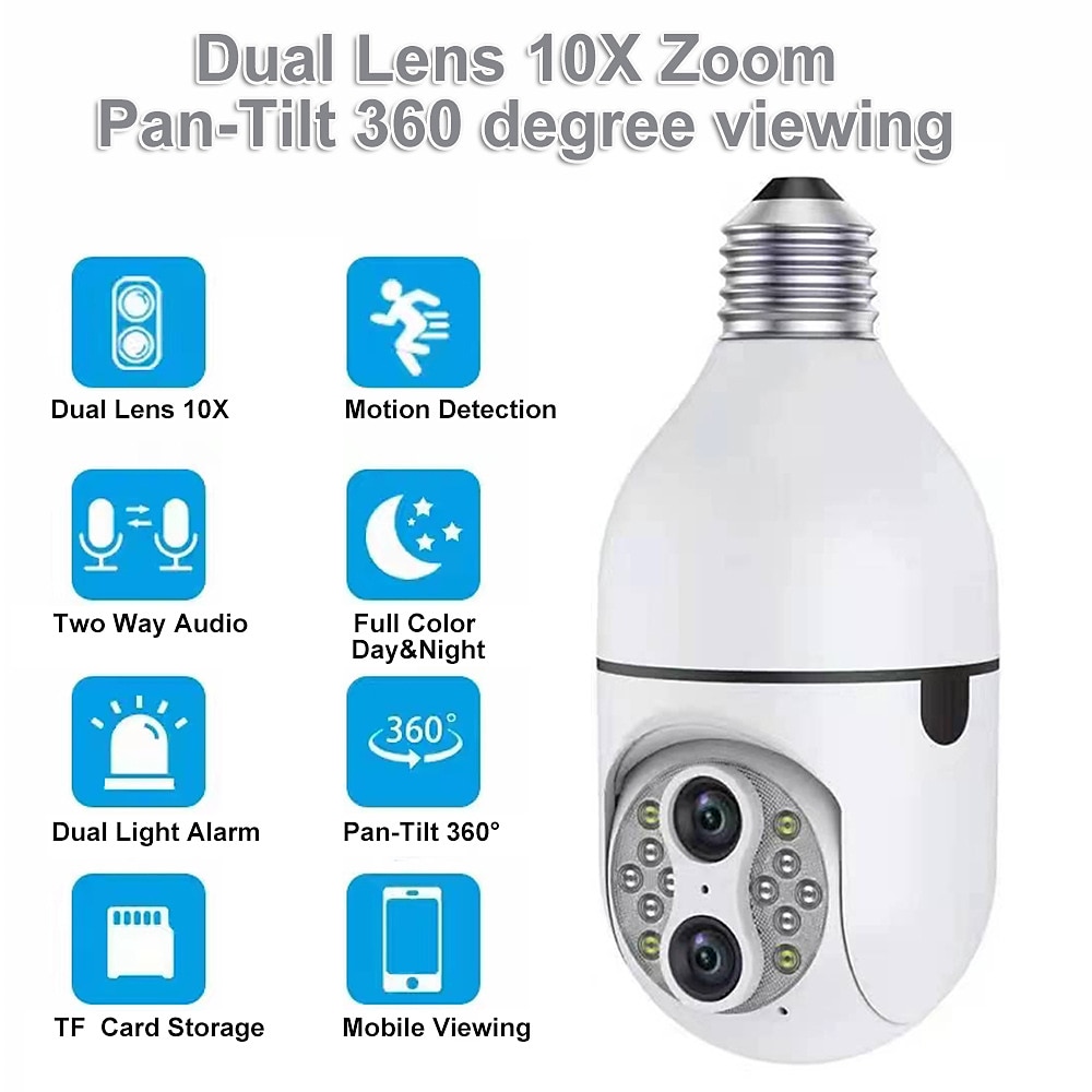 Upgraded Dual Lens 10XHybrid Zoom Light Bulb Security Camera WIFI 360 Auto Tracking Security Camera Color Night Vision Siren& Light Alarm PTZ IP Camera For Home Security 2025 - $52.99 –P2