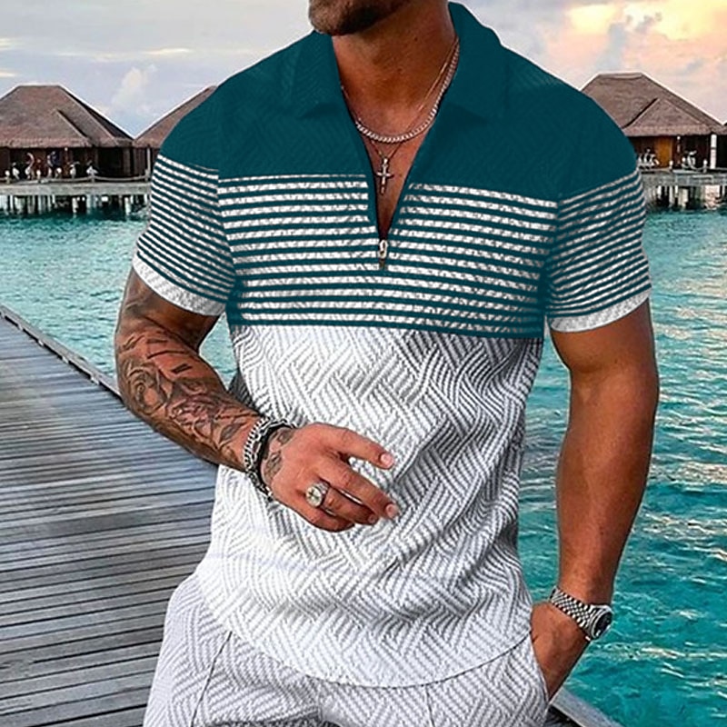 Men's Striped Hawaiian Polo Shirts Golf Shirt Short Sleeve Polo Shirts Collared Shirts Casual Beach Wear Vacation Wear Party Outfits 3D Print Quarter Zip Polo Black-White Black Army Green 2025 - $22.99 –P7