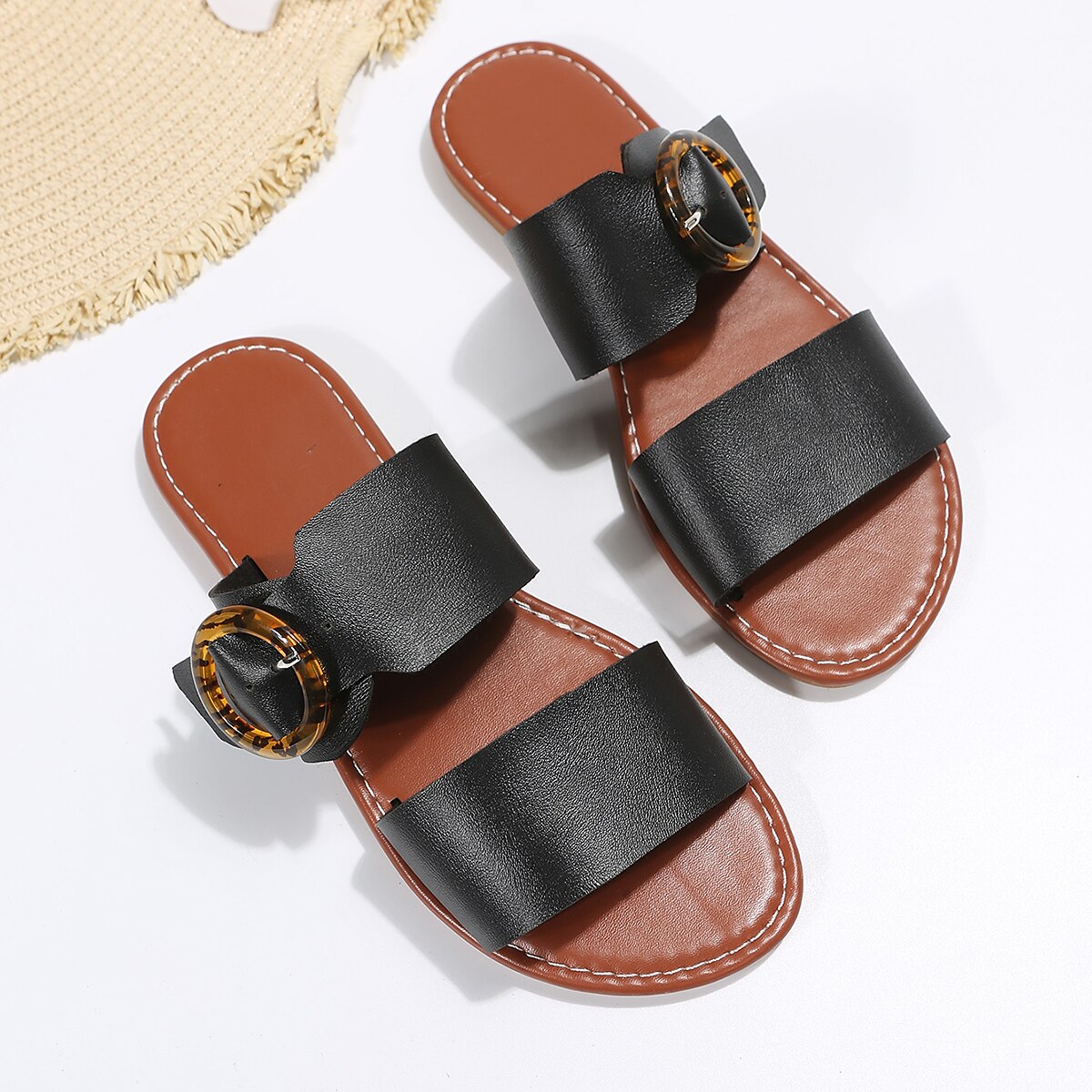 Women's Sandals Slippers Plus Size Summer Flat Heel Minimalism Faux Leather Dark Brown Black White 2023 - AED 79 –P2