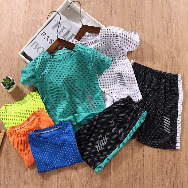 2 delar Barn Pojkar Träningsoveraller Utrusta Färgblock Kortärmad Crewneck Bomull Uppsättning Sport Sommar Vår 7-13 år Vit Gul Ljusgrön 2025 - $14.49 –P6