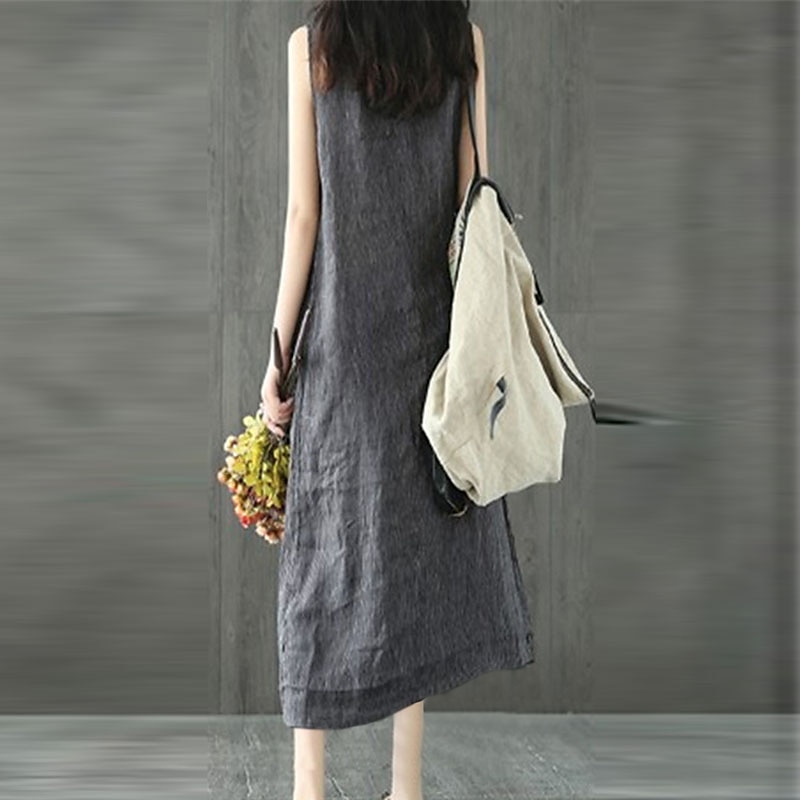 Women's Casual Dress Cotton Linen Dress Shift Dress Maxi long Dress Cotton Blend Casual Daily Holiday Vacation Crew Neck Pocket Cold Shoulder Sleeveless Summer Spring 2023 Regular Fit Black Gray Pure 2023 - US $28.99 –P2