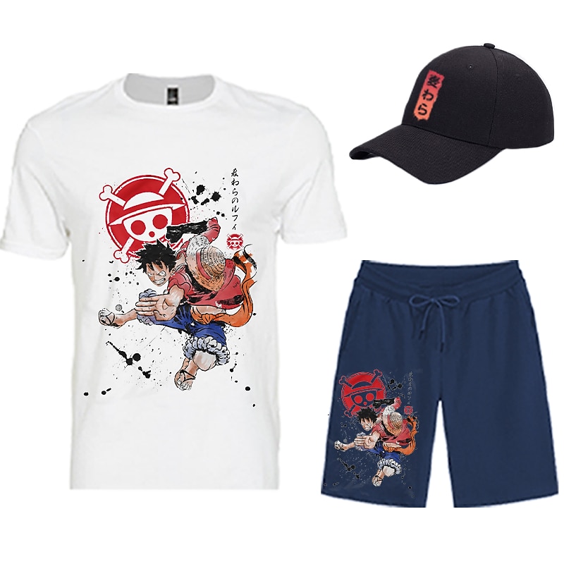 One Piece Apina D.Luffy T-paita Shortsit Lippalakki Painettu Kuvitettu Käyttötarkoitus Miesten Aikuisten Kuuma leimaus Rento / arki 2025 - $31.99 –P11