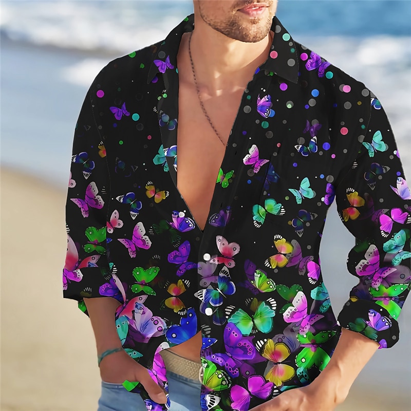 Homme Papillon Chemise Chemise hawaïenne Chemise Aloha manche longue Chemise Col rabattu Mode Vêtement de rue Design Extérieur Plein Air Casual Jaune Bleu Violet S M L de 2025 ? $26.99 –P2