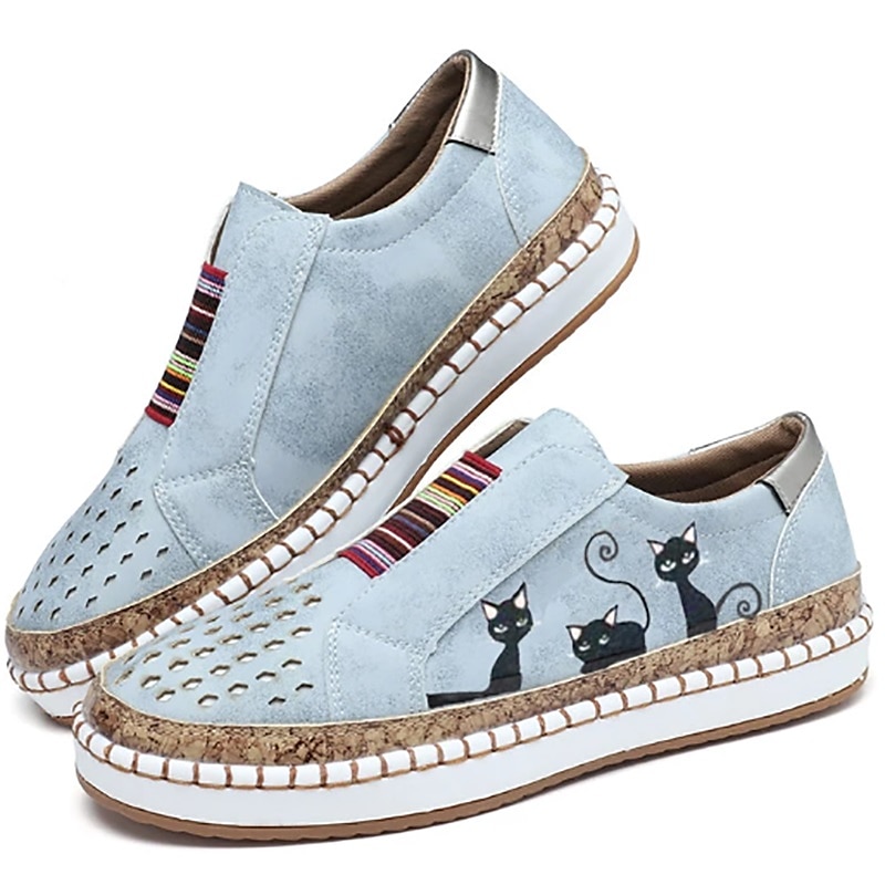 slip-on fritidssneakers för kvinnor med grönt katttryck – loafers som andas med elastisk panel för promenader, resor och vardagskläder 2025 - $42.99 –P6