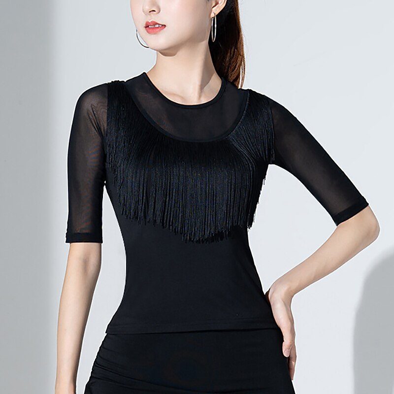 baile latino baile de salón ropa de deporte top con flecos borla fruncido color puro mujer entrenamiento de rendimiento media manga poliéster 2026 - $35.99 –P4