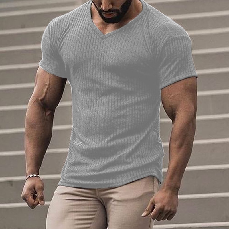 Herren T Shirt Geripptes Strick-T-Shirt T-Shirt Kurze Ärmel V Ausschnitt Sommer Einfach Designer Basic Moderne zeitgenössische Urlaub Straße Ausgehen Schwarz Weiß Kaffee Top T-Shirt für Herren 2025 - $17.99 –P4