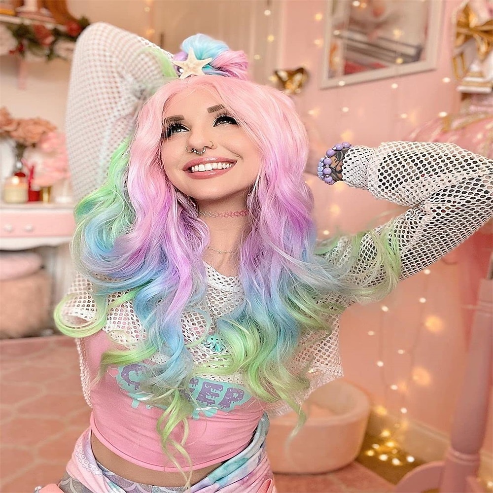 Радужные синтетические парики, красочные натуральные волнистые синтетические парики для трансвеститов, русалок, косплей, вечерние, 26 дюймов, парики для Хэллоуина 2026 - $30.99 –P7
