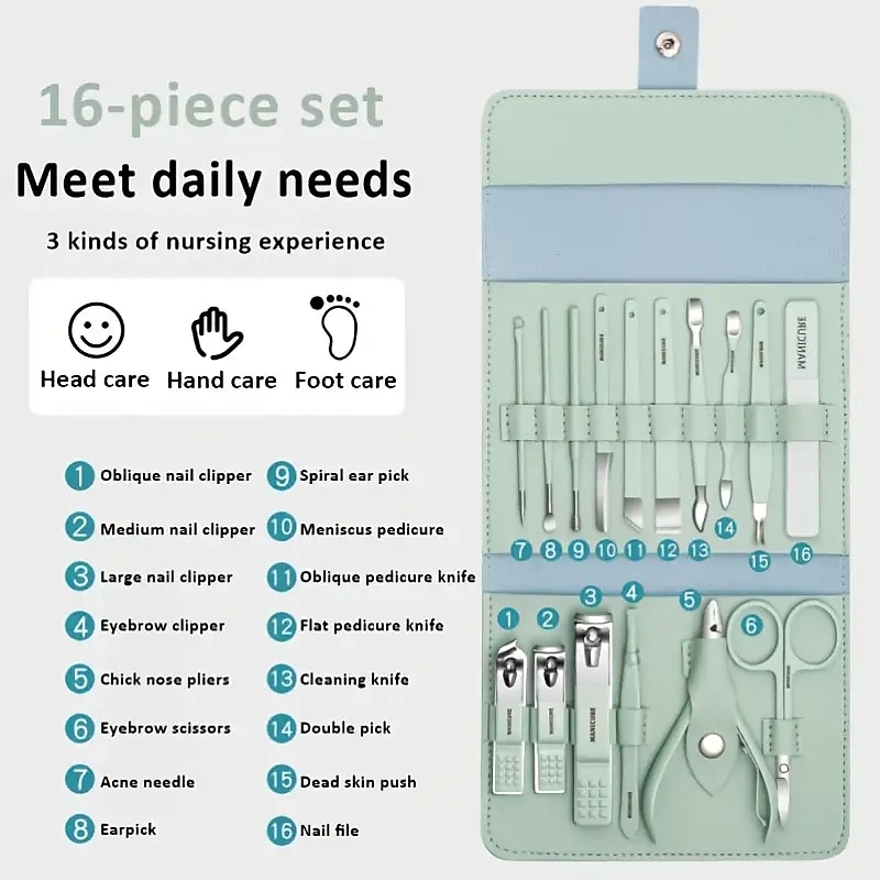 St.Patrick's Day Manicure Set 16 In 1 Full Function Kit Professional Stainless Steel Pedicure Sets With Leather Portable Case Idea Gift 2025 - $15.49 –P2
