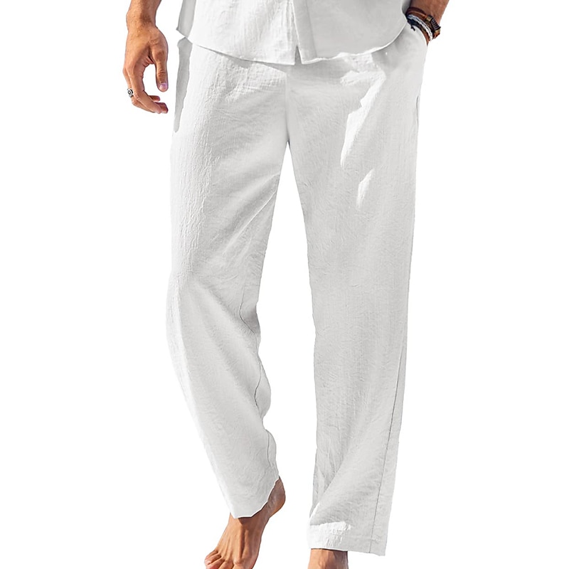 SOOMLON Mens Pants Cotton Linen Festival Pants Elastic Waist Breathable  Soft Beach Trousers White M