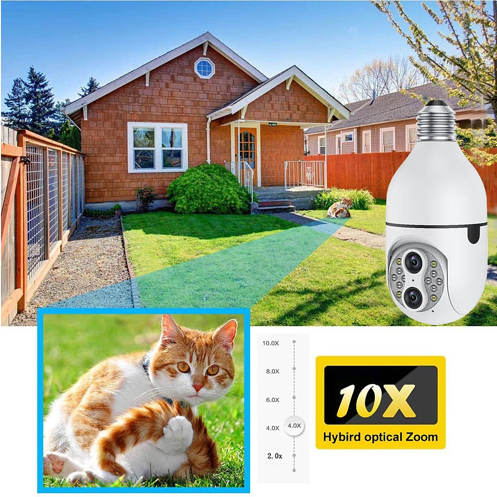 Upgraded Dual Lens 10XHybrid Zoom Light Bulb Security Camera WIFI 360 Auto Tracking Security Camera Color Night Vision Siren& Light Alarm PTZ IP Camera For Home Security 2025 - $52.99 –P8